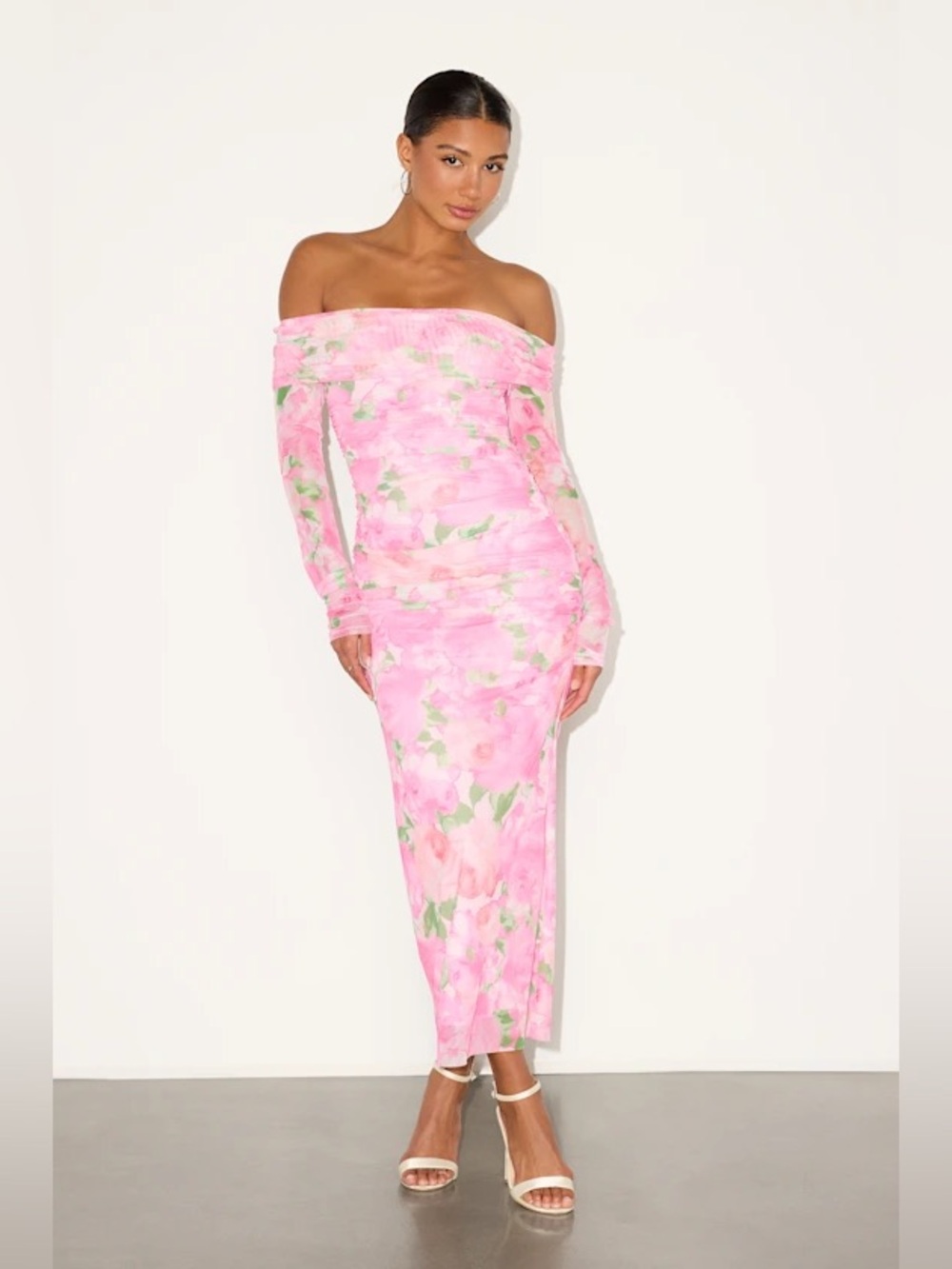 Lulu’s Amorette Pink Floral Mesh Off-the-Shoulder Maxi Dress
